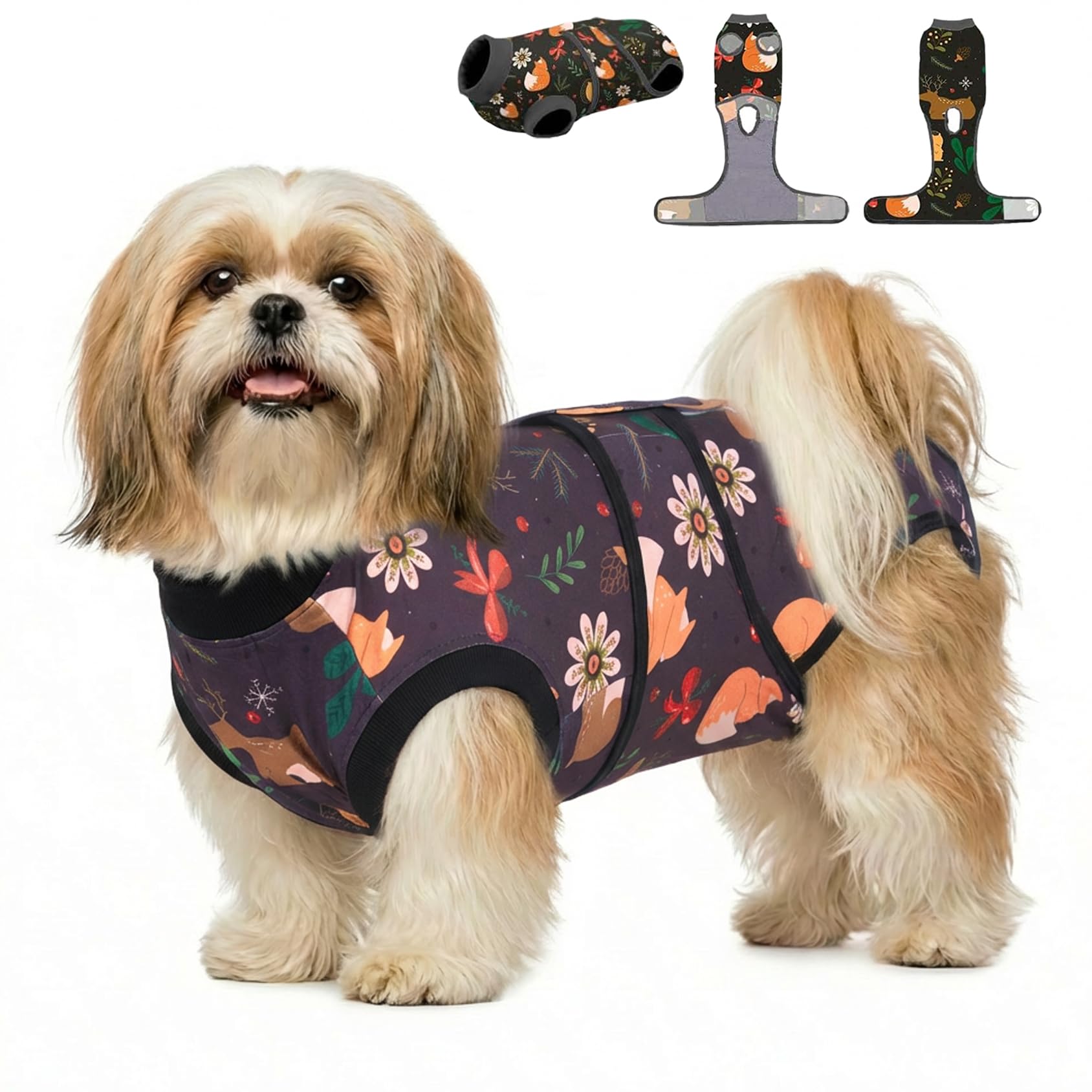 PetWarm Dog Recovery Suit, Surgery Suit for Dogs, Professional Pet Recovery Shirt Abdominal Wounds Bandages, Female Male Dog Onesie for Spay Neuter, Zoo Pattern, Black Brown, XS