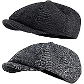 2 Pack Newsboy Cap Peaky Herringbone Baker Boy Flat Caps for Men Women (Black and Gery)