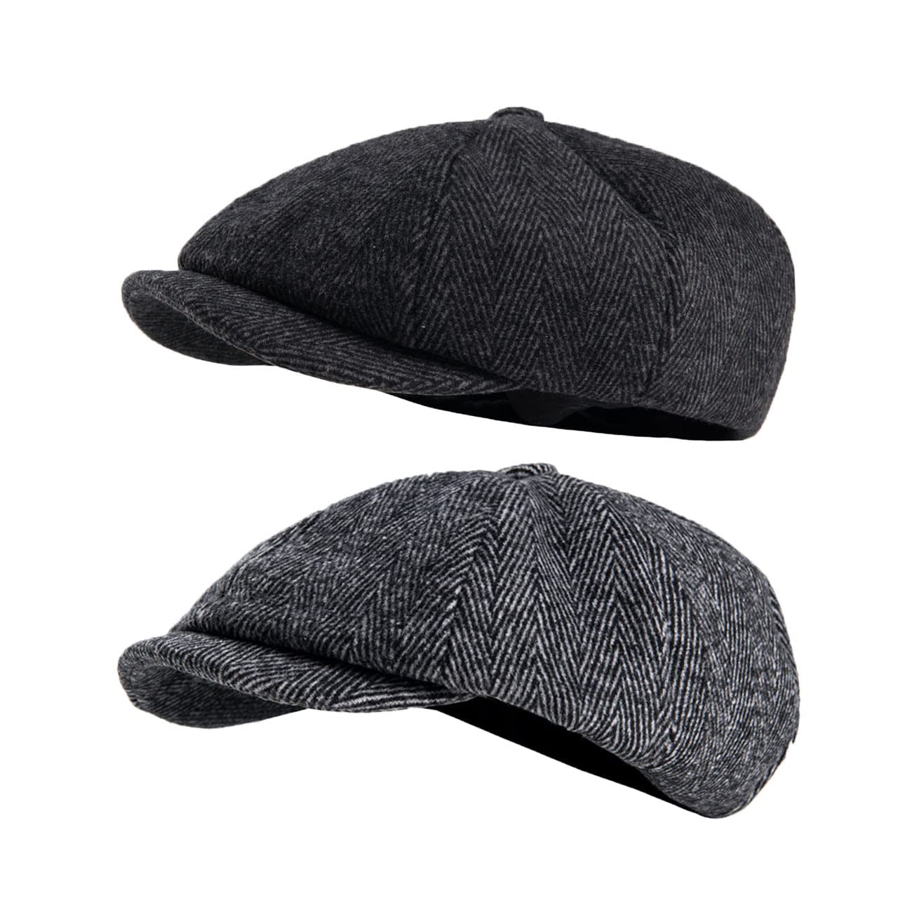 Photo 1 of 2 Pack Newsboy Cap Peaky Herringbone Baker Boy Flat Caps for Men Women (Black and Gery)