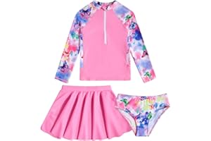 VIEILLE Girls Swimsuit 3-Piece Zipper Rash Guard UPF 50+ Long Sleeve Skirt Set Bathing Suit Size 6-12 Years