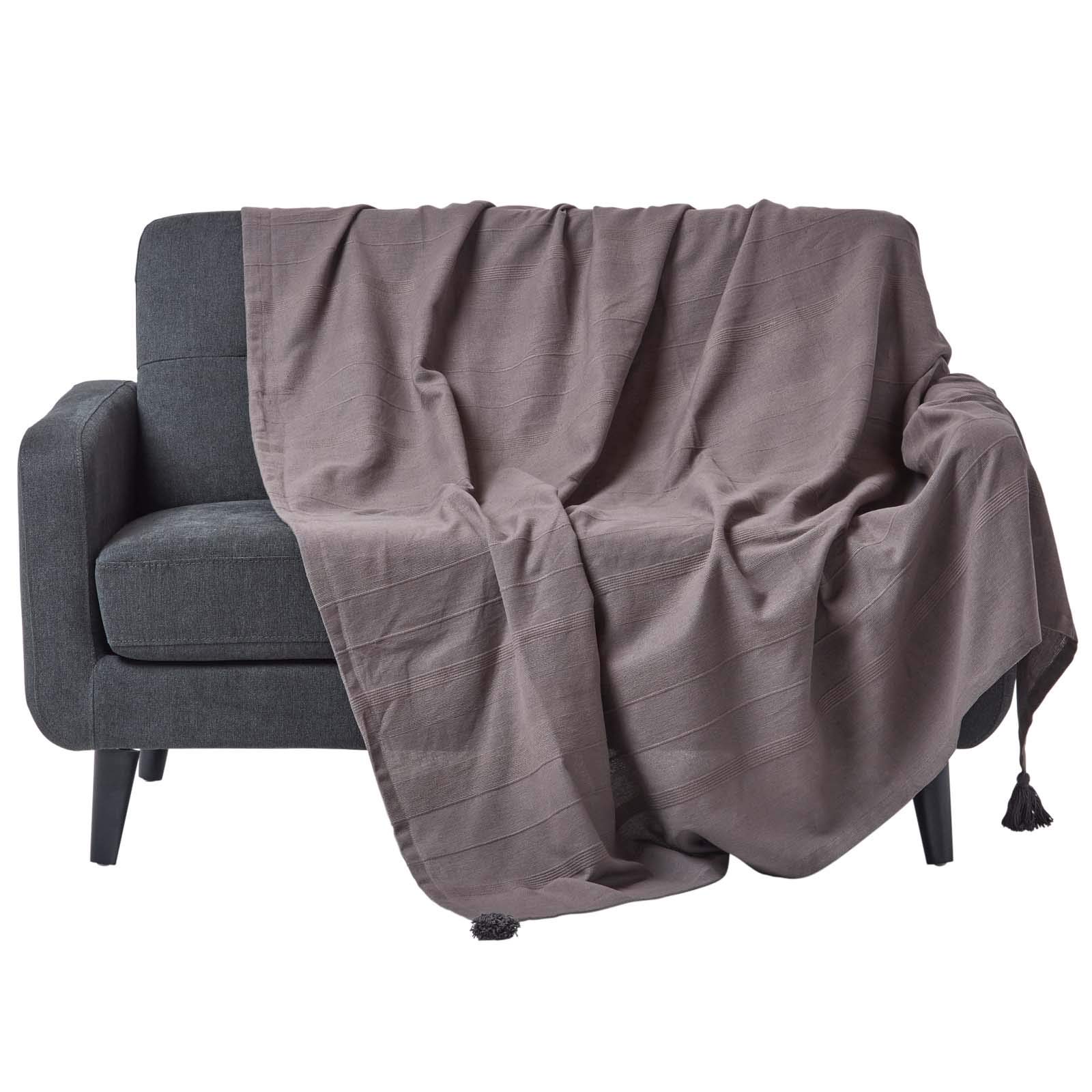 HOMESCAPES - Rajput Ribbed Throw 90 x 100 Inches Plain Charcoal Grey Handmade 100% Cotton Suitable for most 3 Seater Sofas Double King bedspreads Easy care washable at home