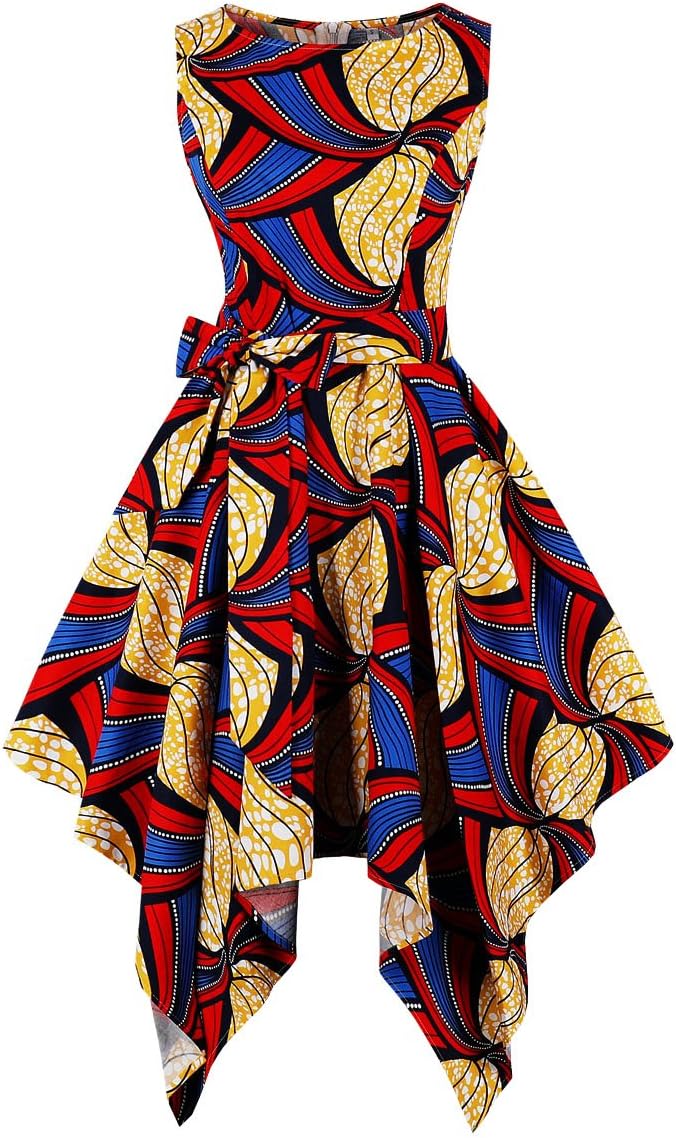 Wellwits Women's Dashiki African Print High Low Asymmetric Vintage Dress