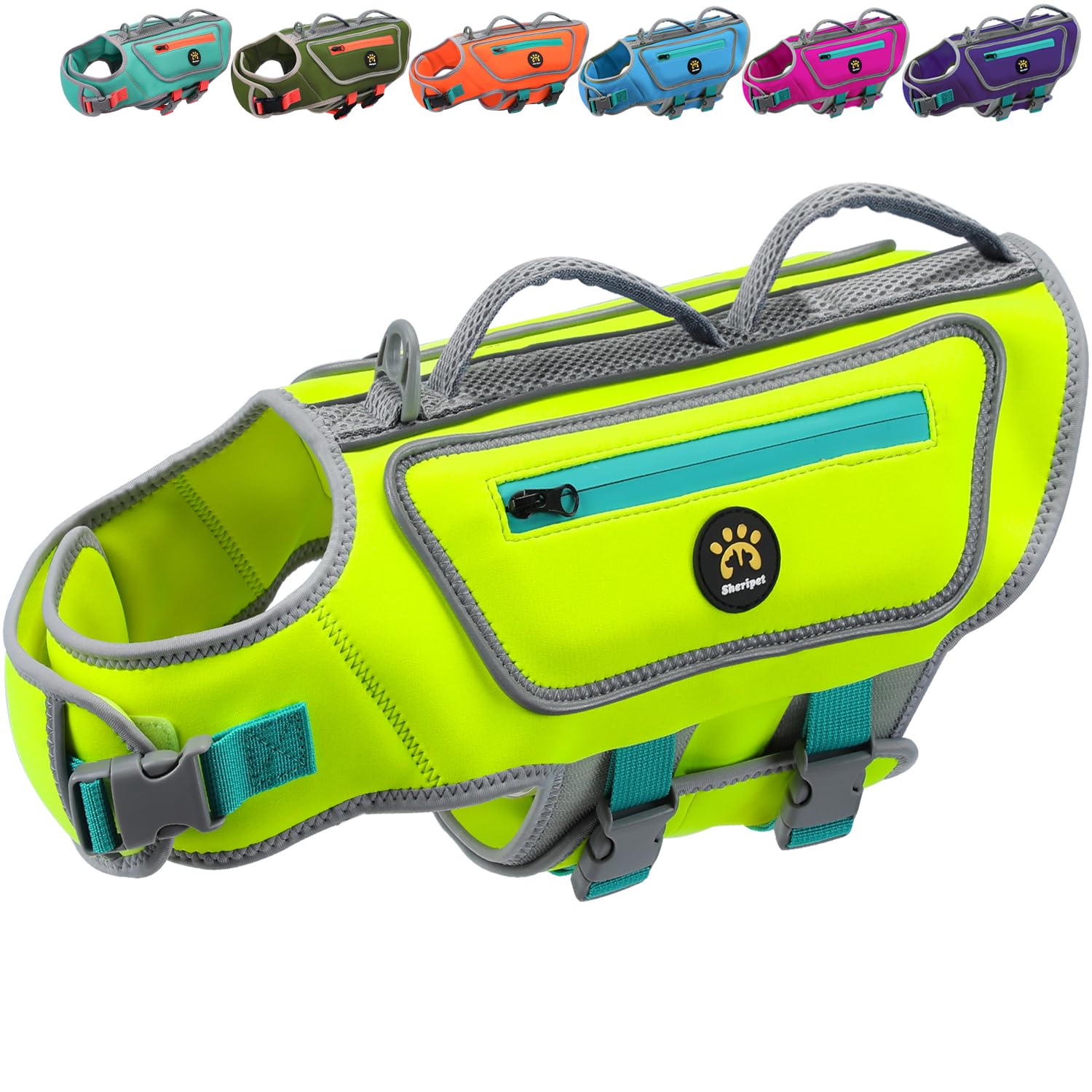 Photo 1 of Sheripet Dog Life Vest for Swimming, High Flotation Dog Life Jacket for Large Dogs Good Visibility Reflective Pet Floating Vest, Adjustable Neoprene Dogs Swimsuit with Rescue Handle (Green, L)