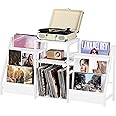 LELELINKY Record Player Table,Turntable Shelf with Vinyl Storage Up to 180 Albums,White Side Table with 3 Tier Magazine Periodical Book Rack,Wide Metal Record Holder Cabinet for Office, Music Room