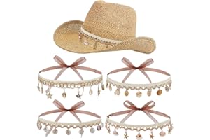OLYCRAFT 4pcs Bohemian Hat Bands 42 Inch Mixed Color Cotton Linen Shell Hat Band with Organza Ribbon Decorative Seashell Hats