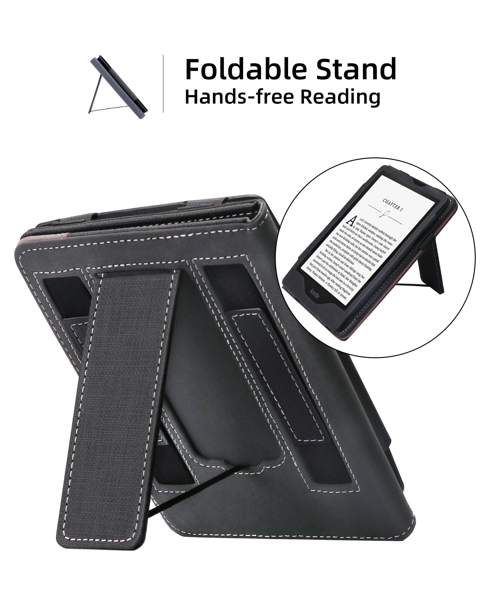 WALNEW Stand Case for 7-inch Kindle Paperwhite 12th Generation (2024 Released) and Kindle Colorsoft Signature Edition, Two Hand Straps Shell PU Leather Cover with Auto-Wake/Sleep