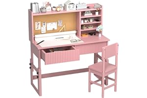 RUPOLX Pink Ergonomic Wooden Height Adjustable Kids Fluted Desk and Chair Set,Kids Study Desk with 2 Fluted Drawer,Kid Study 
