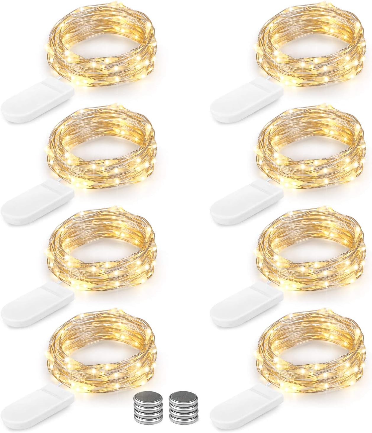 BrizLabsLED Battery Fairy Lights, 8 Pack 2M 20 LED Indoor Silver Copper Wire Light for Wedding, Christmas, Party, Bedroom and Table Centrepiece Decoration, Warm White (Present Another 8pcs Batteries)