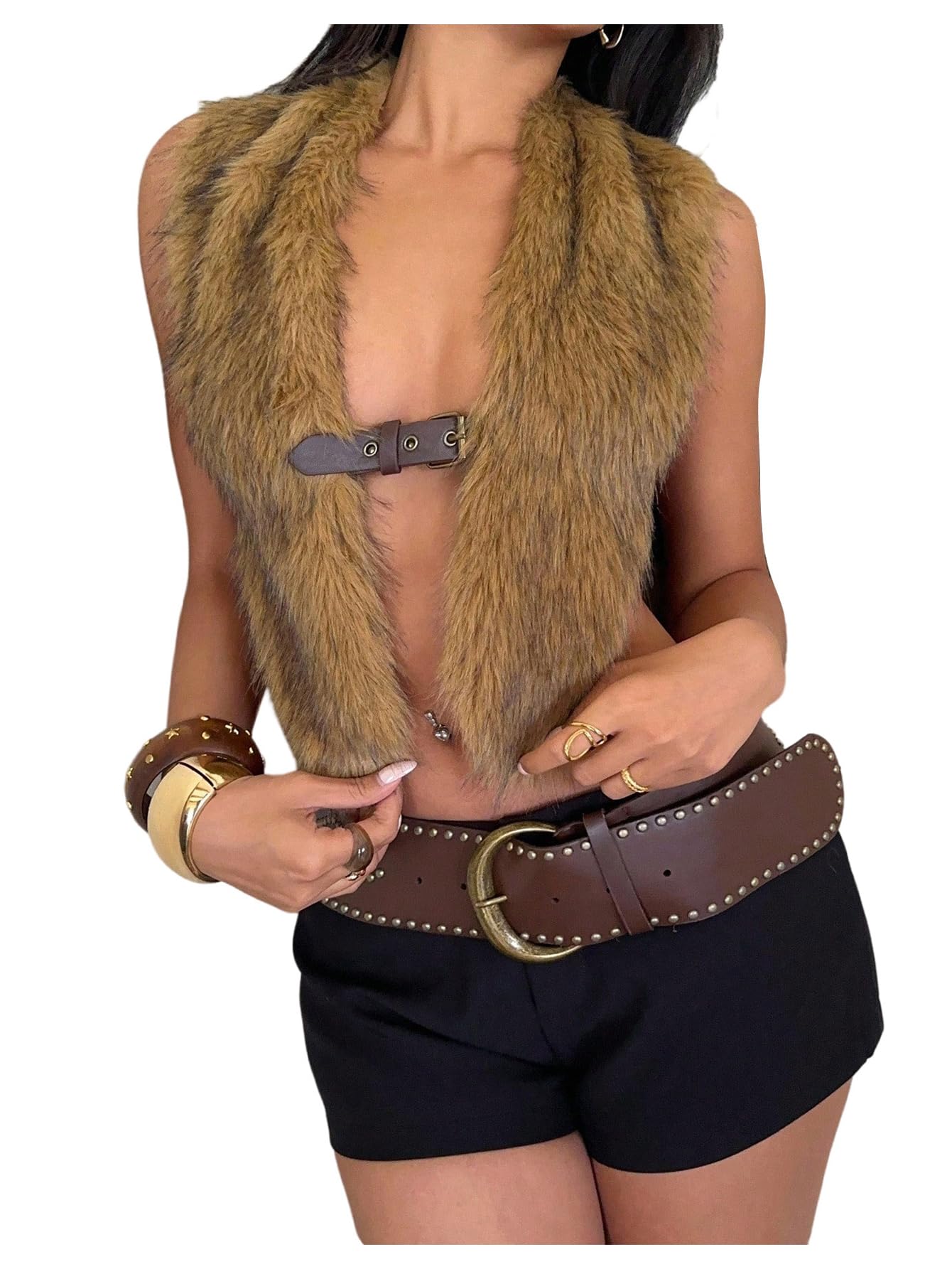 Photo 1 of SweatyRocks Women's Fuzzy Faux Fur Halter Vest Deep V Neck Backless Rave Party Y2K Tops Mocha Brown Small