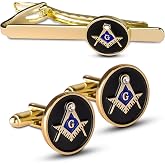 Masonic Craft Mason Square and Compass Black Metal Cuff Links and Tie Clip Set Fine Quality