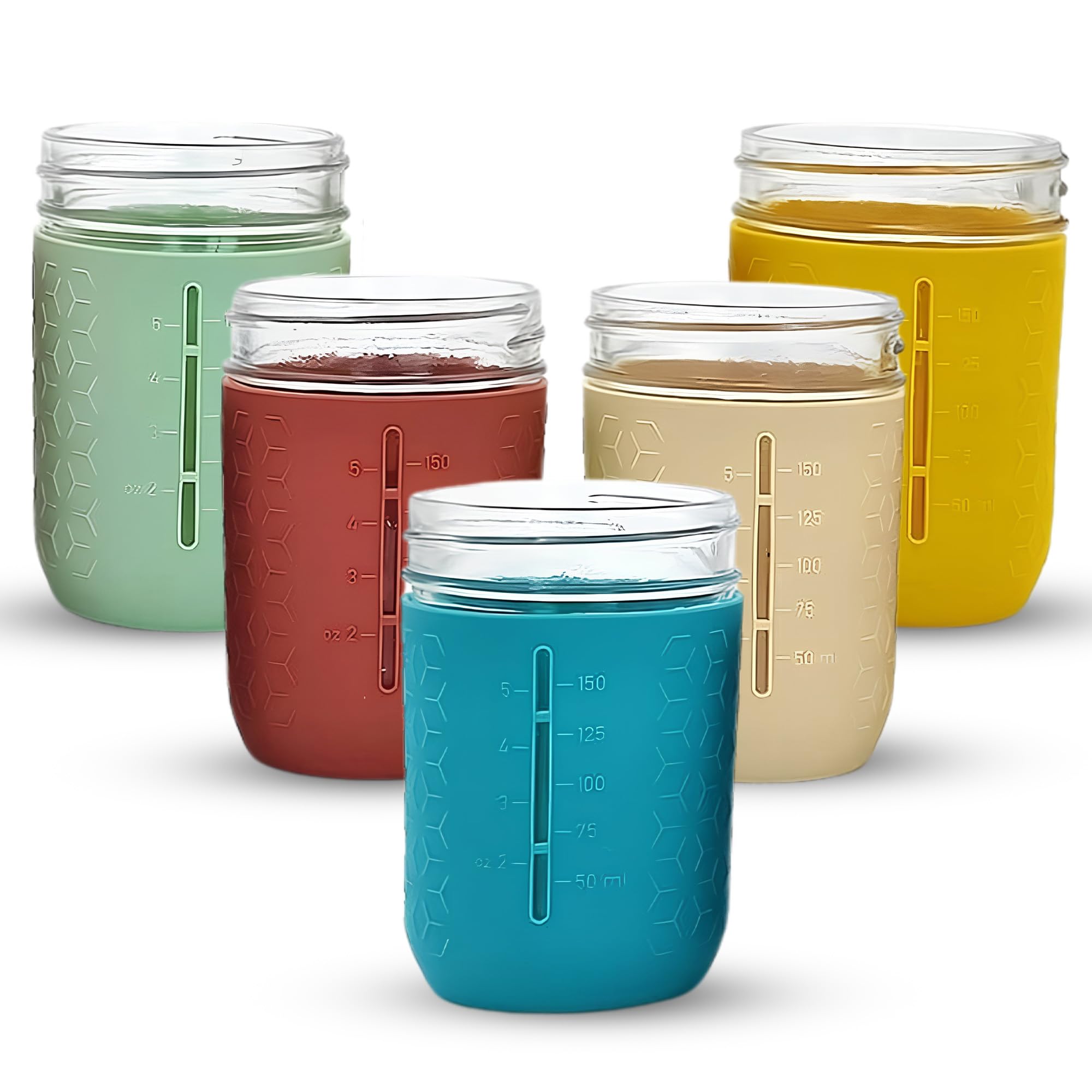 Photo 1 of minliving Silicone Mason Jar Sleeves | Anti-Slip Protectors for 8 oz Regular Mouth Ball & Kerr Jelly Canning Jars | Kids Cup Holders with Measurement Markings | Dishwasher Safe Jar Jackets - 5 Pack