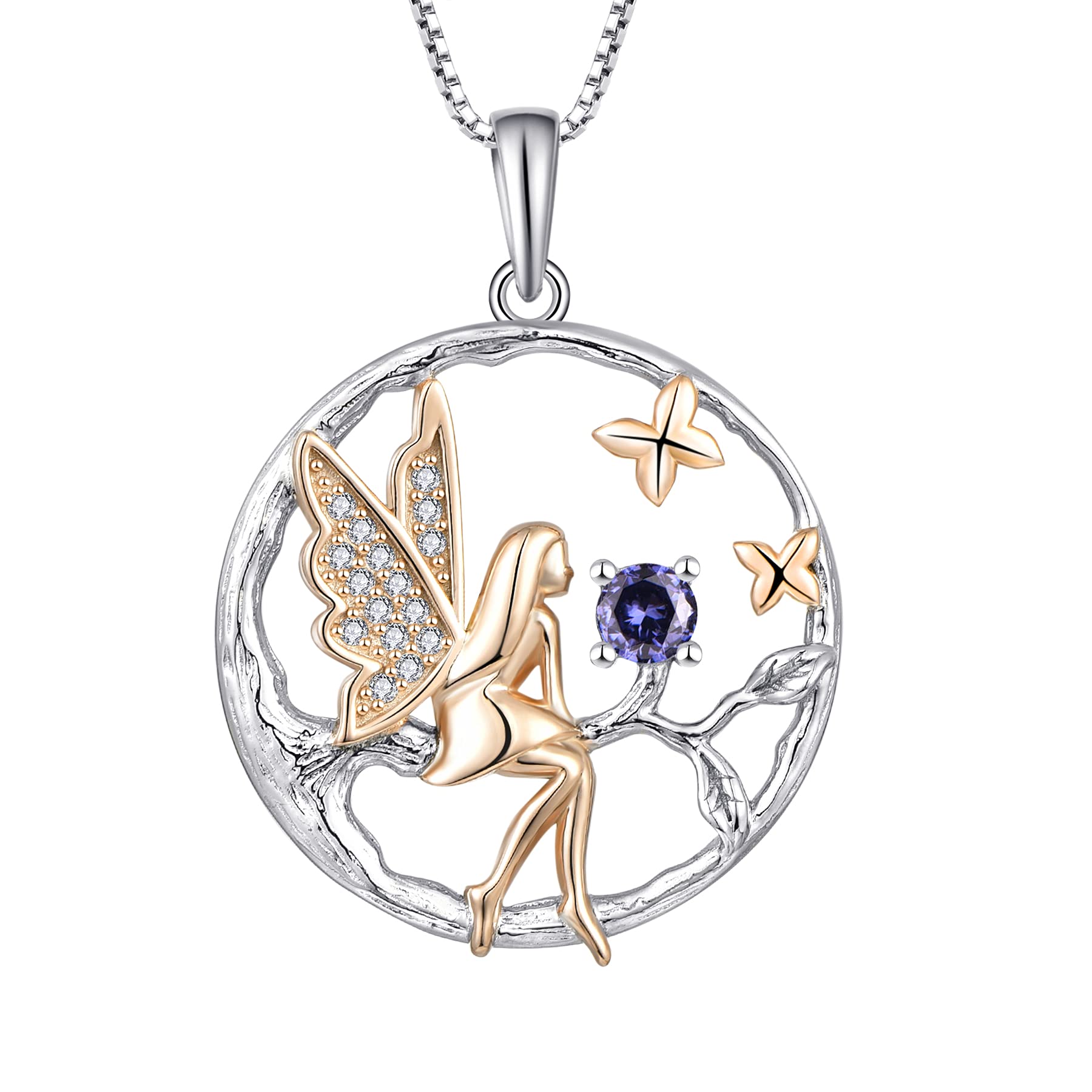 FJ Guardian Angel Necklace 925 Sterling Silver Tree of Life Necklace Fairy Pendant December Birthstone Tanzanite Jewellery for Women — image 1