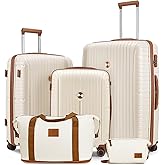 Joyway Luggage Sets 5 Piece PP Hardshell Carry on Suitcase, Travel Lightweight Carry-on with Double Spinner Wheels and TSA Lock, Beige Brown