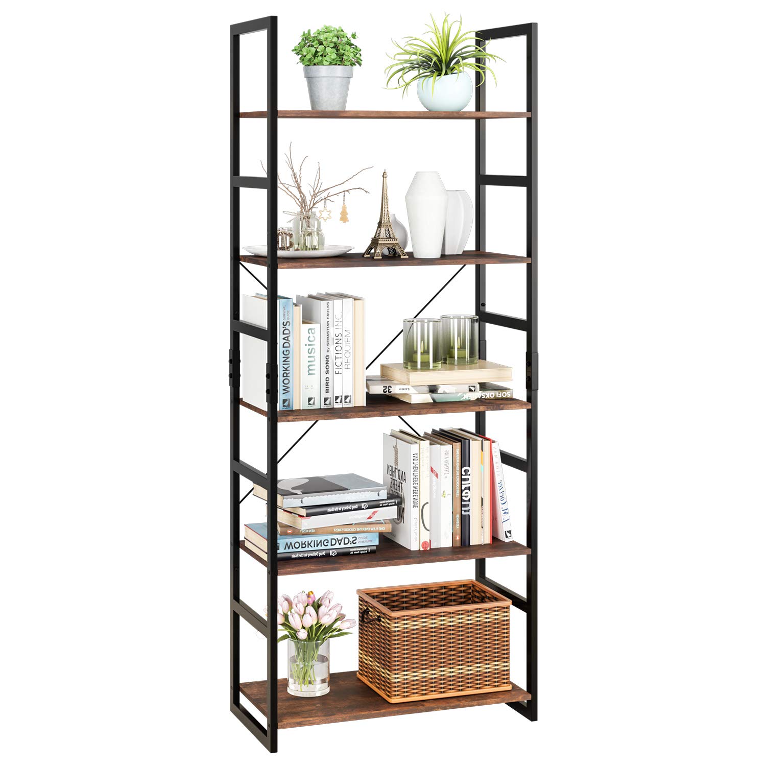Homfa Bookshelf Rack 5 Tier Vintage Bookcase Shelf Storage Organizer
