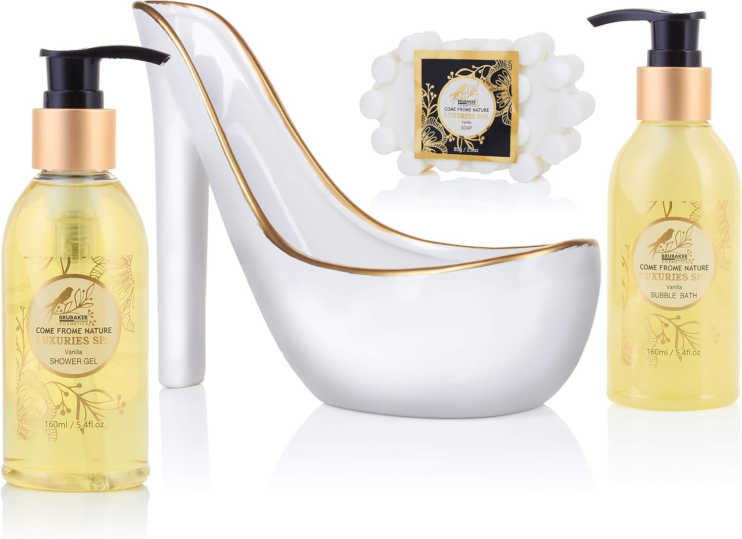 BRUBAKER Cosmetics Luxus Vanilla Spa Beautyset - 6-Piece Bath and Shower Set - Gift Set in Ceramic Stiletto White Gold - Image 5