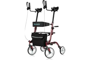 ELENKER Upright Rollator Walker, Stand Up Folding Rollator Walker Back Erect Rolling Mobility Walking Aid with Seat, Padded Armrests for Seniors and Adults, Red