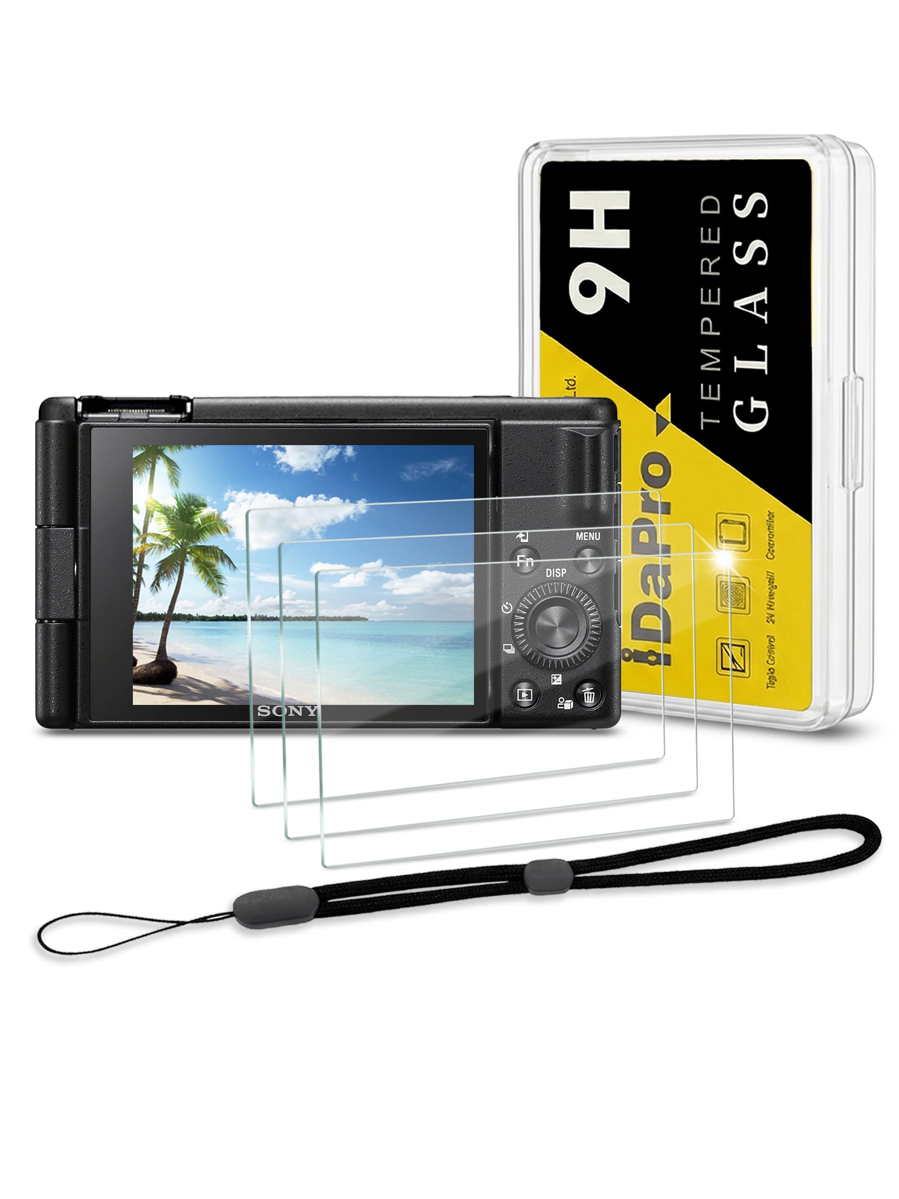 iDaPro Screen Protector for Sony ZV-1 II ZV-1 ZV-1F ZV-E10 ZV1 ZVE10 ZV1F ZV1 II & Hand Lanyard [3+1 Pack] Tempered Glass Easy Installation