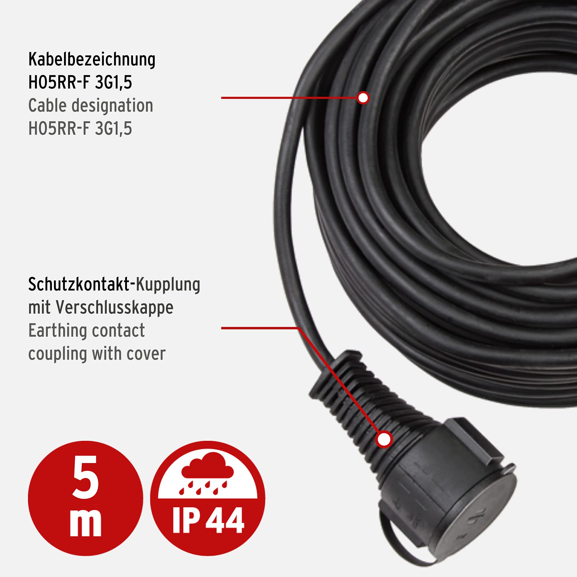 Brennenstuhl Qualitäts-Gummi-Verlängerungskabel (5m Kabel, für den kurzfristigen Einsatz im Außenbereich IP44) schwarz 2