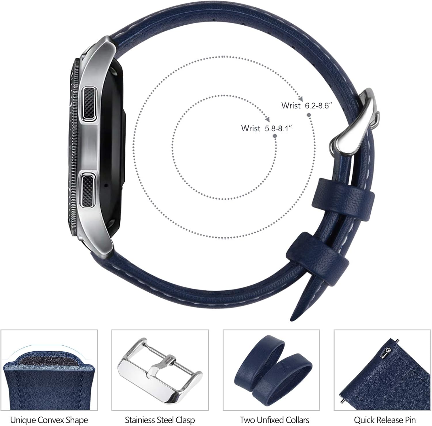 Fullmosa Compatible Samsung Galaxy 46mm/Gear S3 Frontier/Classic Watch Bands, Quick Release Leather Smart Watch Band for Garmin Vivoactive 4 and Active, 22mm Watch Band, Dark blue + silver buckle | 