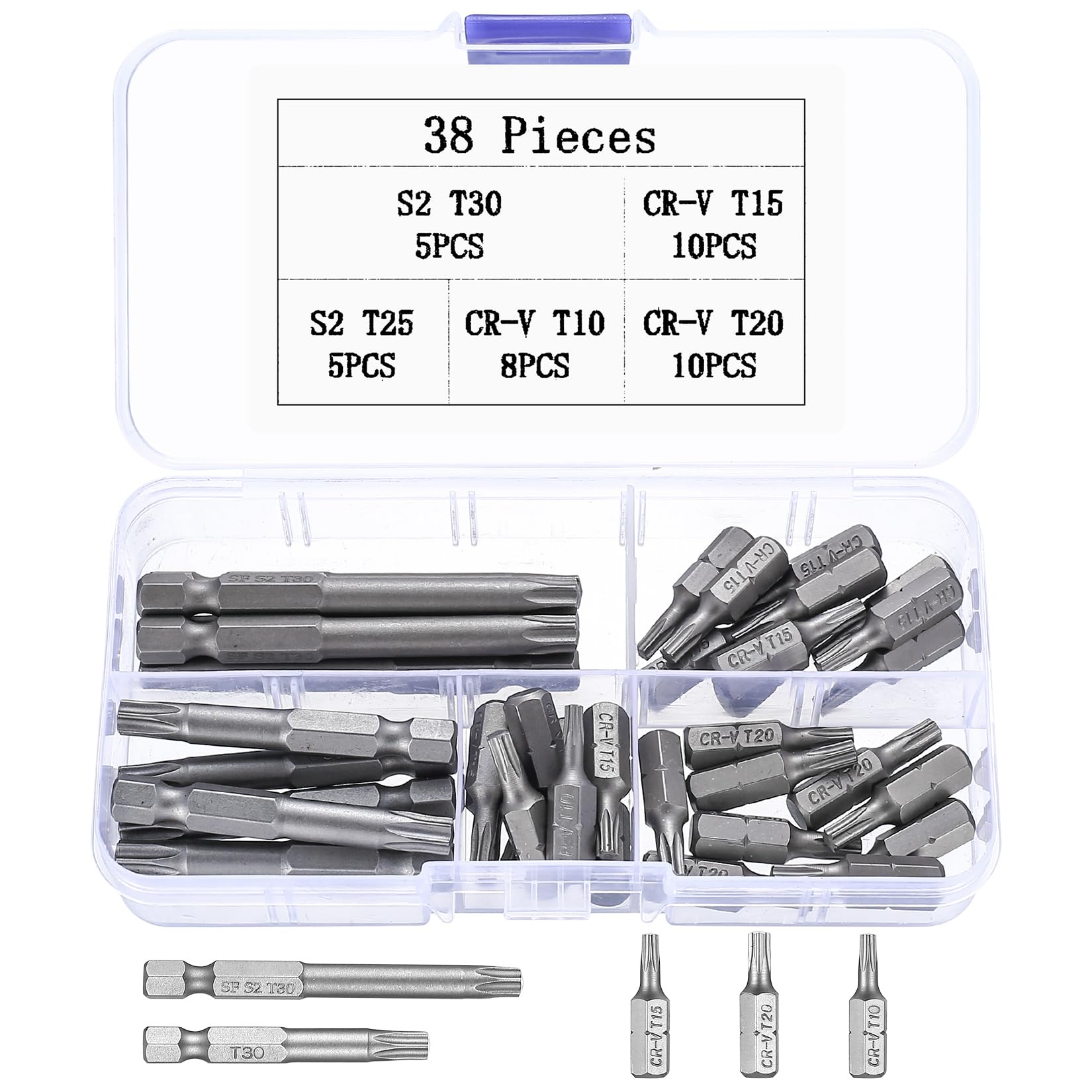 CR-V 1/4" Hex Drive Torx Bit Set - 38 Pcs T10 T15 T20 T25 T30, Precision Security Bits
