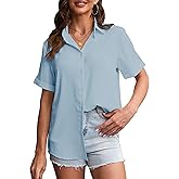 YAMANMAN Womens Button Down Shirt Short Sleeve Classic Collared Blouse Work Office Casual Chiffon Tops