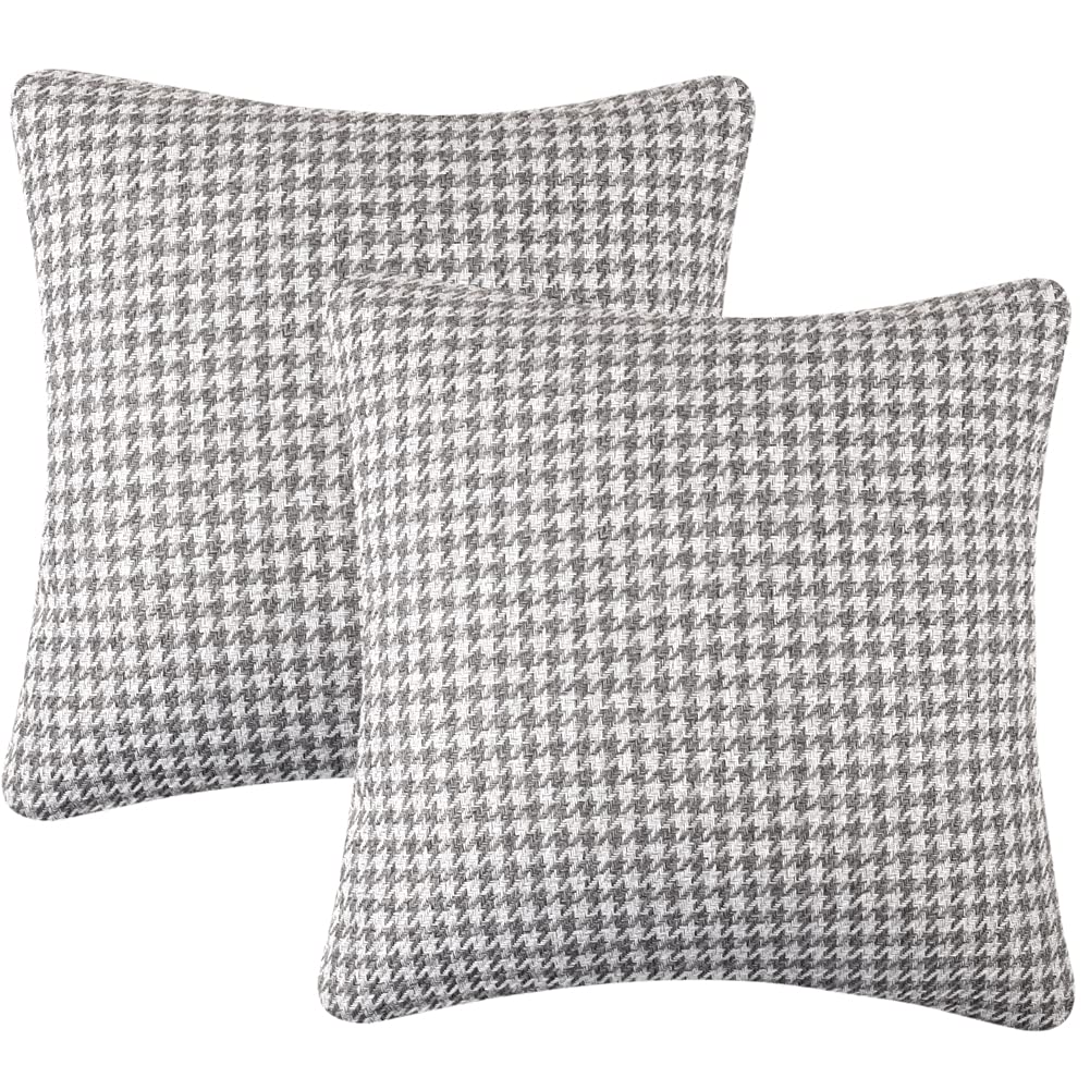 Yeiotsy 2pcs Houndstooth Cushion Covers for Sofa Bed Couch Chair Geometric Throw Pillow Cases Made of Cotton and Linen (18 X 18 Inches, Grey)