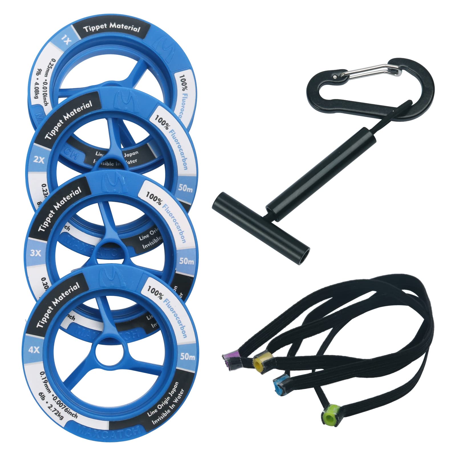 Maxcatch Fluorocarbon Leader Tippet Line for Fly Fishing with Tippet Line Holder & Tender, Clear, 50m/55Yds, 4PCS (Fluorocarbon-4 Pieces with Holder/50M (New), 1X+2X+3X+4X (Fluorocarbon Material))