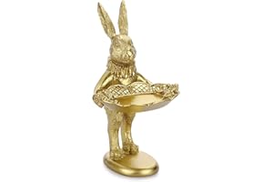 ELLDOO Small Golden Bunny Figurine Jewelry Ring Tray Decorative Serving Rabbit Statue Ornament Animal Sculpture Home Arts Desktop Accessories Table Decor, Standing Bunny