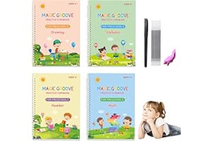 DTREEL 4 Pc Large Grooved Writing Books,Reusable Handwriting Practice Copybook for Kids,Preschool Writing Practice - Magic Practice Copybook for Kids Age 3-8 Calligraphy