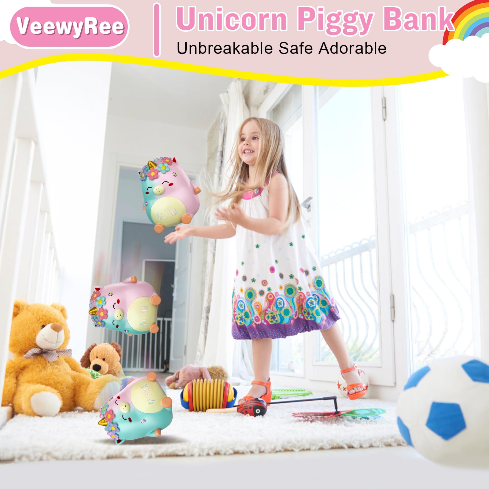 Unicorn Piggy Bank Girls – Cute Rainbow Kids Piggy Bank for Girls, Personalized Unbreakable Resin Coin Money Bank for Kids with Stickers for Toddlers… (Rainbow)