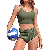 Charmo Women's High Waisted Bikini Sets Sporty Two Piece Swimsuit Ribbed Tummy Control Bathing Suit with Pockets