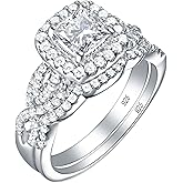 Wuziwen Halo Wedding Ring Sets for Women S925 Silver Engagement Rings Wedding Band Set for Her CZ