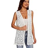 Women's Crochet Floral Boho Lace Trim Sleeveless Kimono Open Front Vest Cardigan