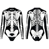 Women's Skeleton Halloween Costume Bodysuit, Long Sleeve Full-Body Skull Print Jumpsuit Catsuit for Cosplay Party
