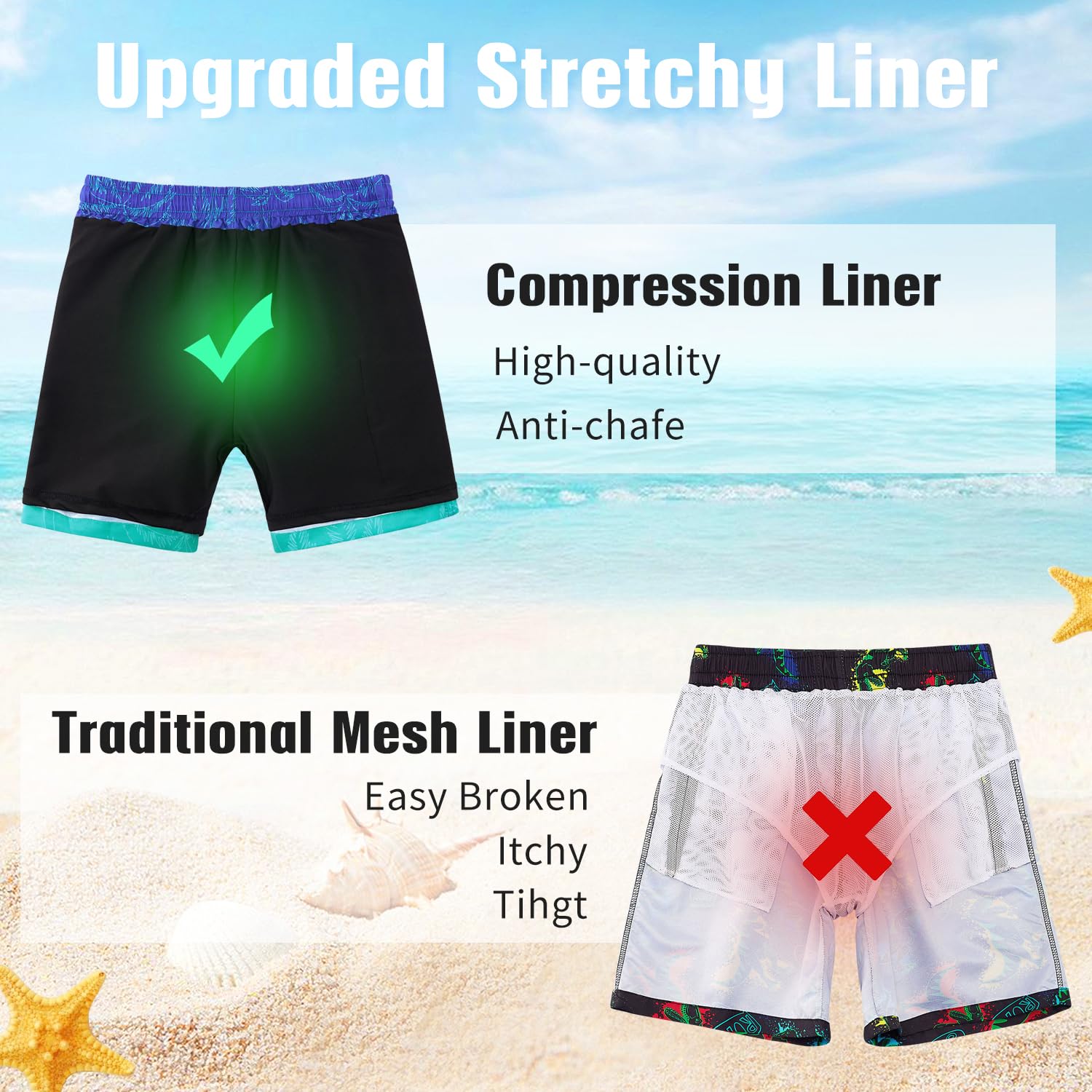 kids4ever Badehose für Jungen 10-12 Jahre Badeshorts Kompression Liner 2 in 1 Sommer Schnelltrocknend Boardshorts 3D Geometrie Elastische Taille Kurze Strandhose 2
