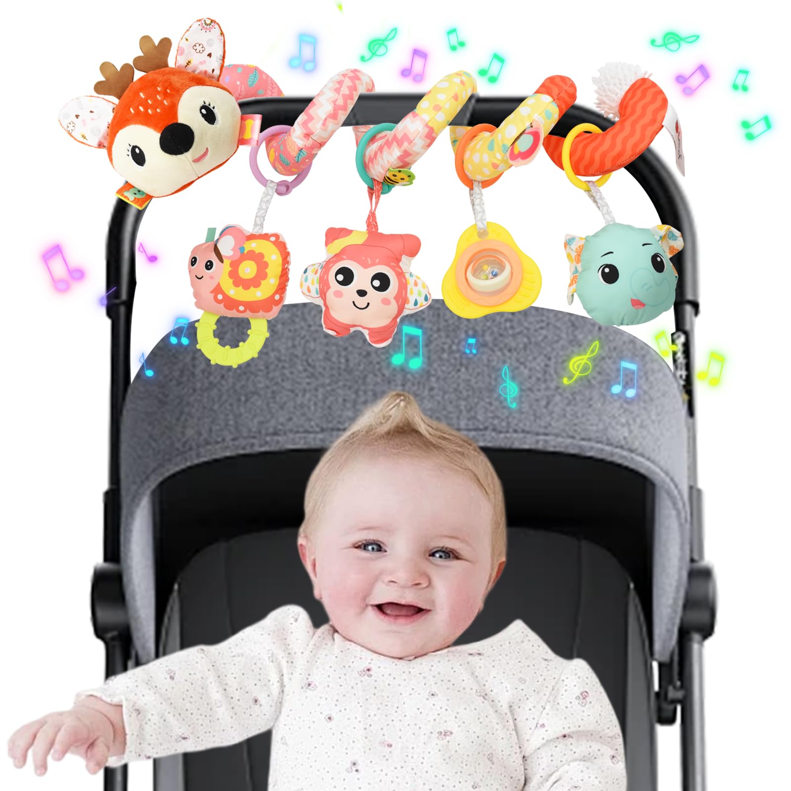 Coriver Baby Pram Toys, Spiral Pram Hanging Toys with with Music Box, Spiral Plush Activity Stroller Toy for Car Seat Mobile Crib, Newborn Sensory Toy for Babies 0 3 6 Months-Deer