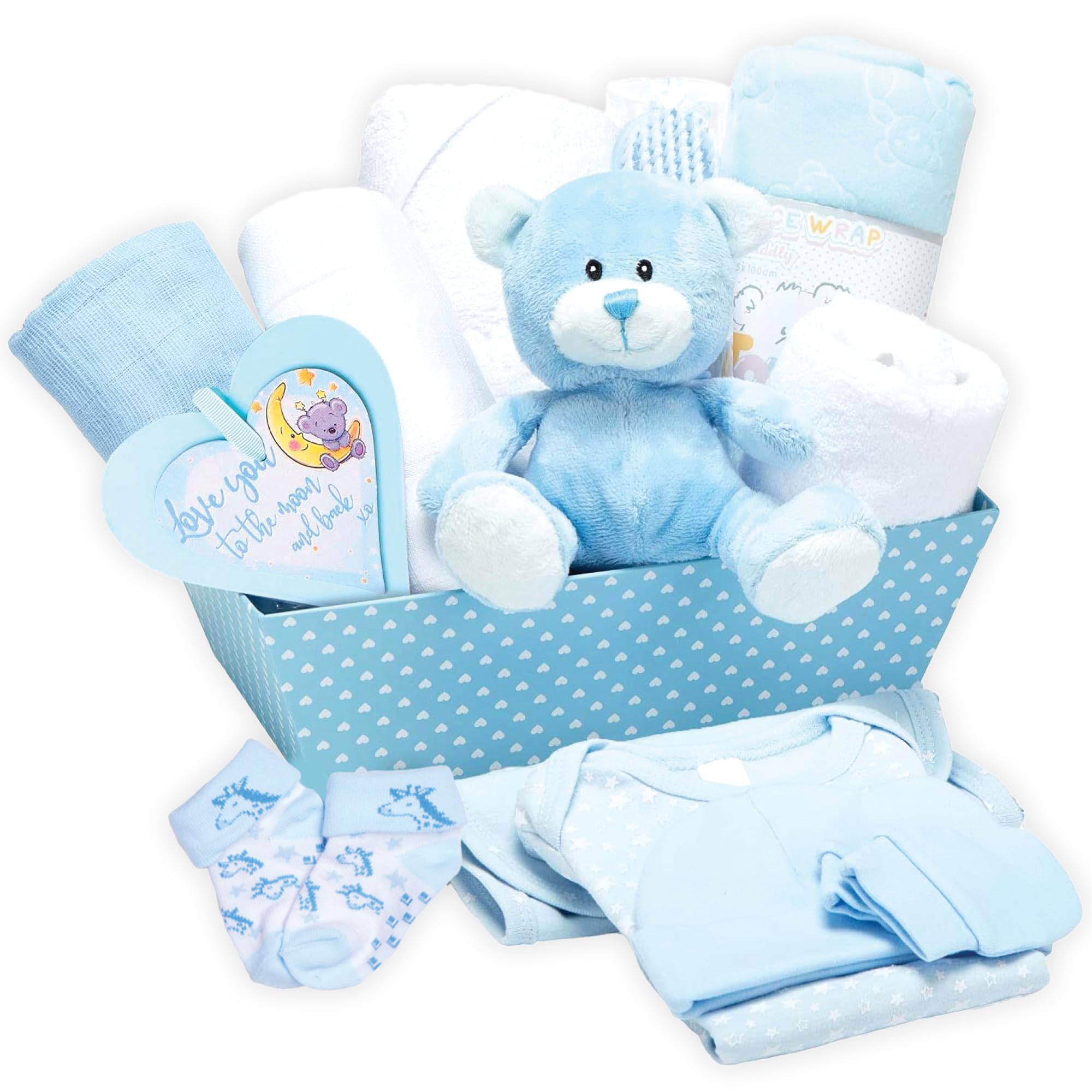 Baby Box Shop Baby Boy Hamper – 17-Piece Newborn Gift Set with Plush Teddy | Ideal for Baby Showers, Christenings & New Parents UK