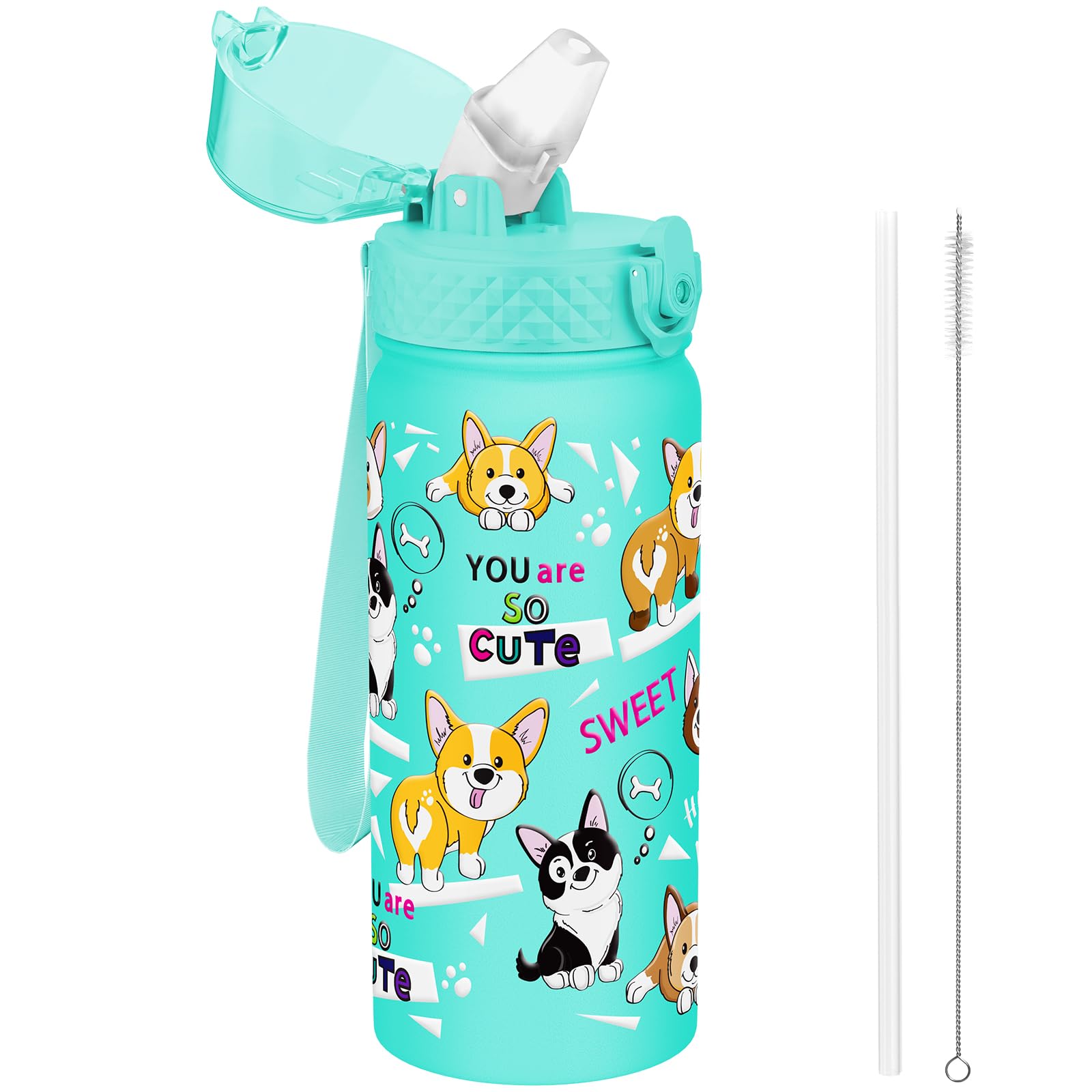GOPPUS 550ml/18oz Kids Insulated Water Bottle with Straw Cute Double Wall Stainless Steel Child's Small Flask Vacuum Insulated Steel Metal Leak Proof Drink Flask Boys Toddler Girls Bottles BPA-Free