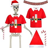 12Ft Giant Skeleton Costume Accessories Set with Extra Large Shirt Santa Hat Inflatable Candy Cane Banner Skully 12Ft Skeleton Clothes Outfits for Big Skelly Christmas Outdoor Garden Lawn Decor