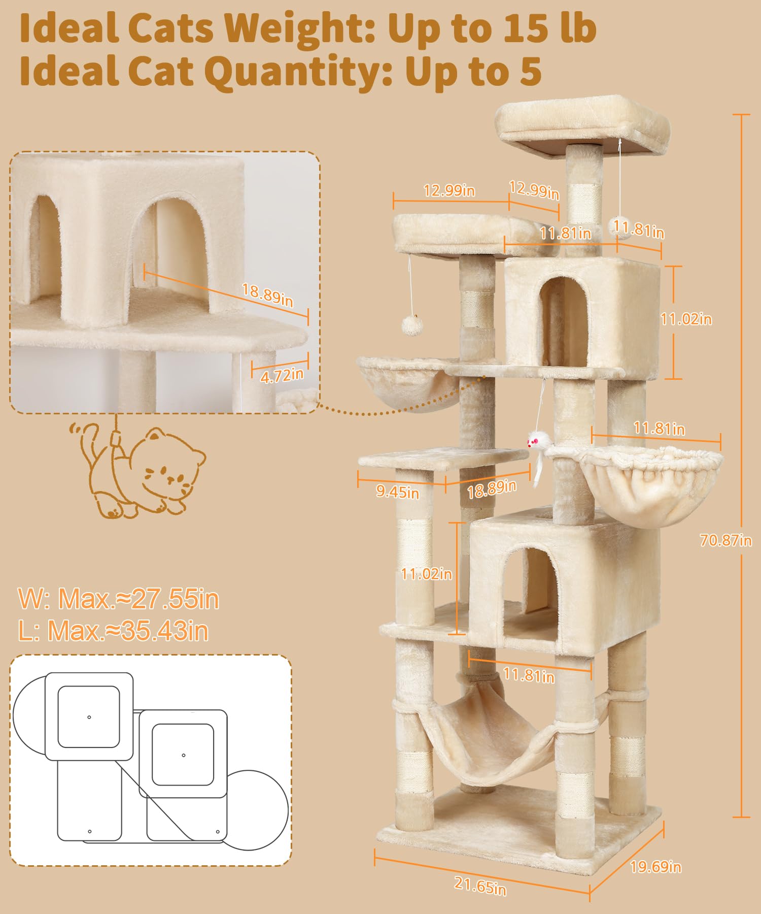 Condition photo showing New/Like New for amhancible cat tree, 70 inch cat tower for indoor cats, multi-level cat tree with scratching post, h