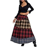 MakeMeChic Women's Plaid Maxi Skirt Ruffle Tiered A Line Flare Y2k Long Skirts