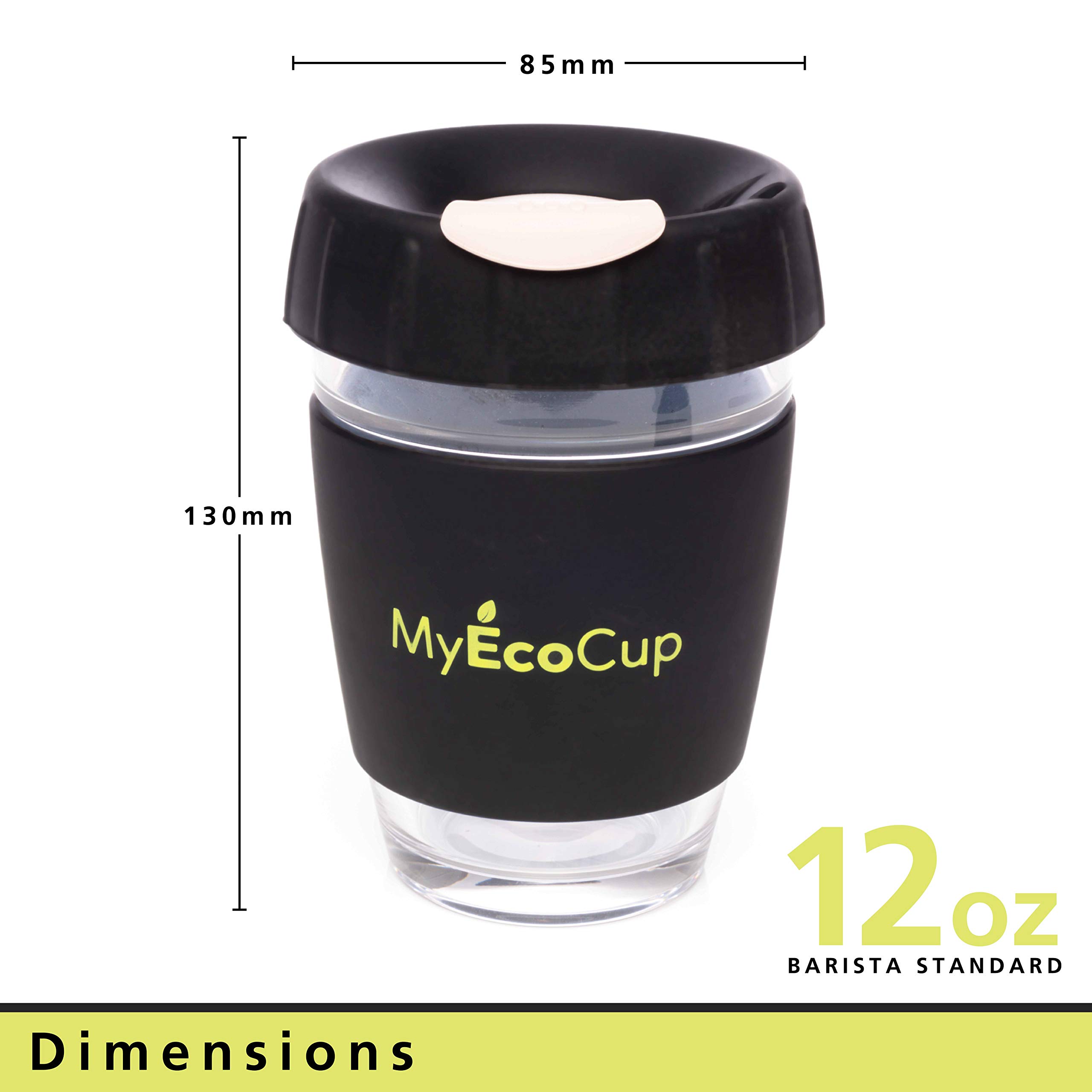 MyEcoCup Eco Friendly Glass Coffee Cups 12oz. Reusable Travel Mug & Portable Keep Cup for Tea, Latte, Americano & Iced Drinks! Take Away Mugs Include Smart Slip & Secure Lids with Insulated Handle - Black