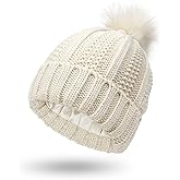 Muryobao Womens Satin Lined Winter Beanie Hat with Faux Fur Pom Cuffed Warm Knit Skull Cap
