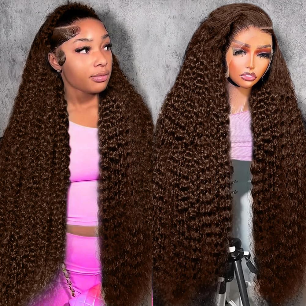 Human Hair 200 Density 30 Inch 13x6 Deep Wave Lace Front Wig - Chocolate Brown, Pre-Plucked, Glueless — image 1