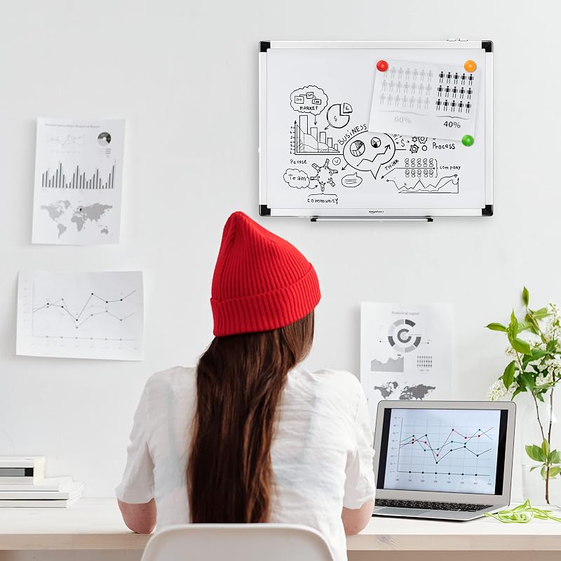 Tableau Blanc Magnétique Avec Cadre en Aluminium, Porte-Stylos, 6 Aimants, 1 Gomme et 2 Marqueurs Pour une Utilisation au Bureau et à la Maison, Mural, Effaçable à Sec, 60 x 45cm
