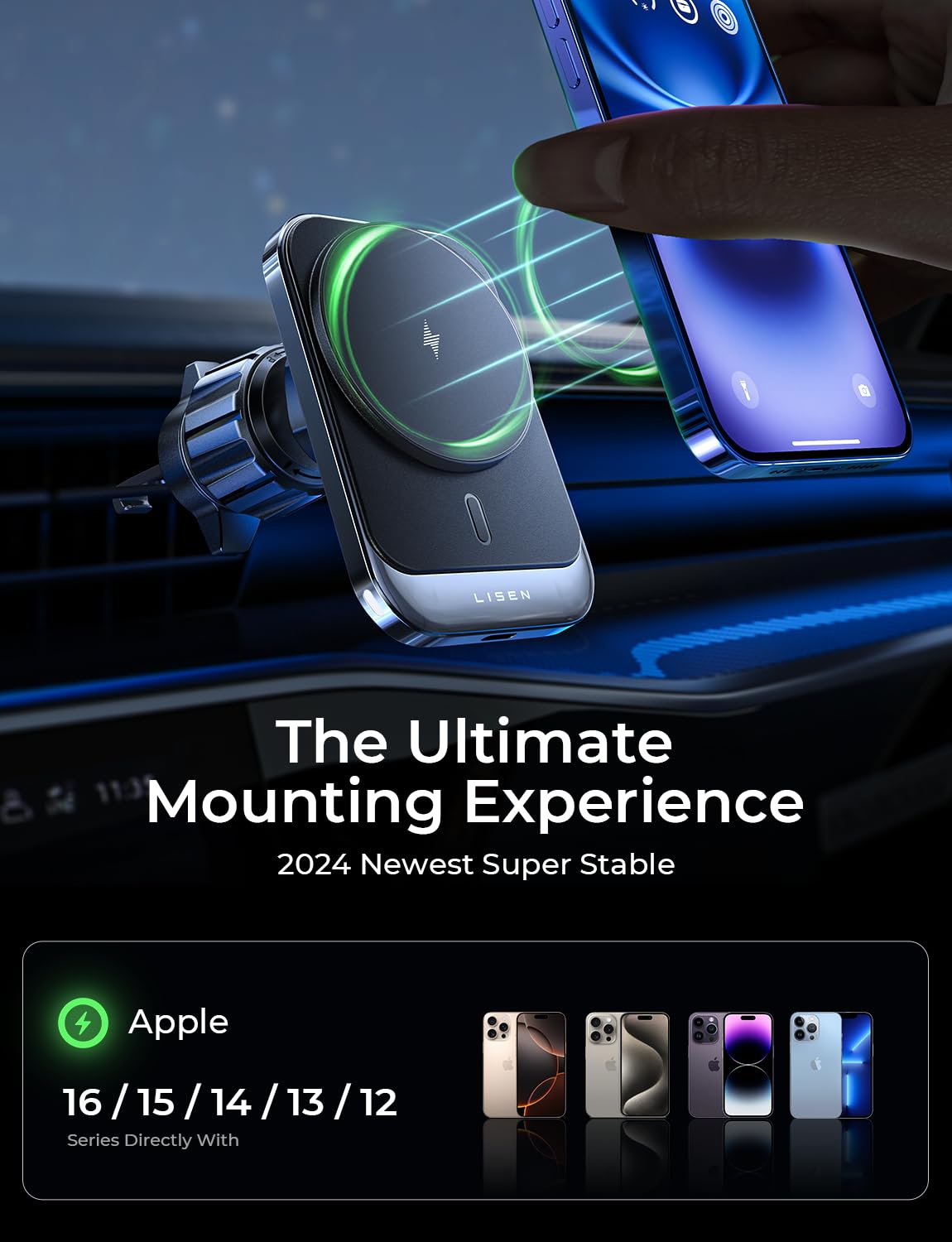 LISEN for MagSafe Car Mount Charger for iPhone 16, 15W Wireless Universal Vent Charger for iPhone 16 Car Accessories Magnetic Phone Holder Mount, Fits iPhone 16 15 Pro Max