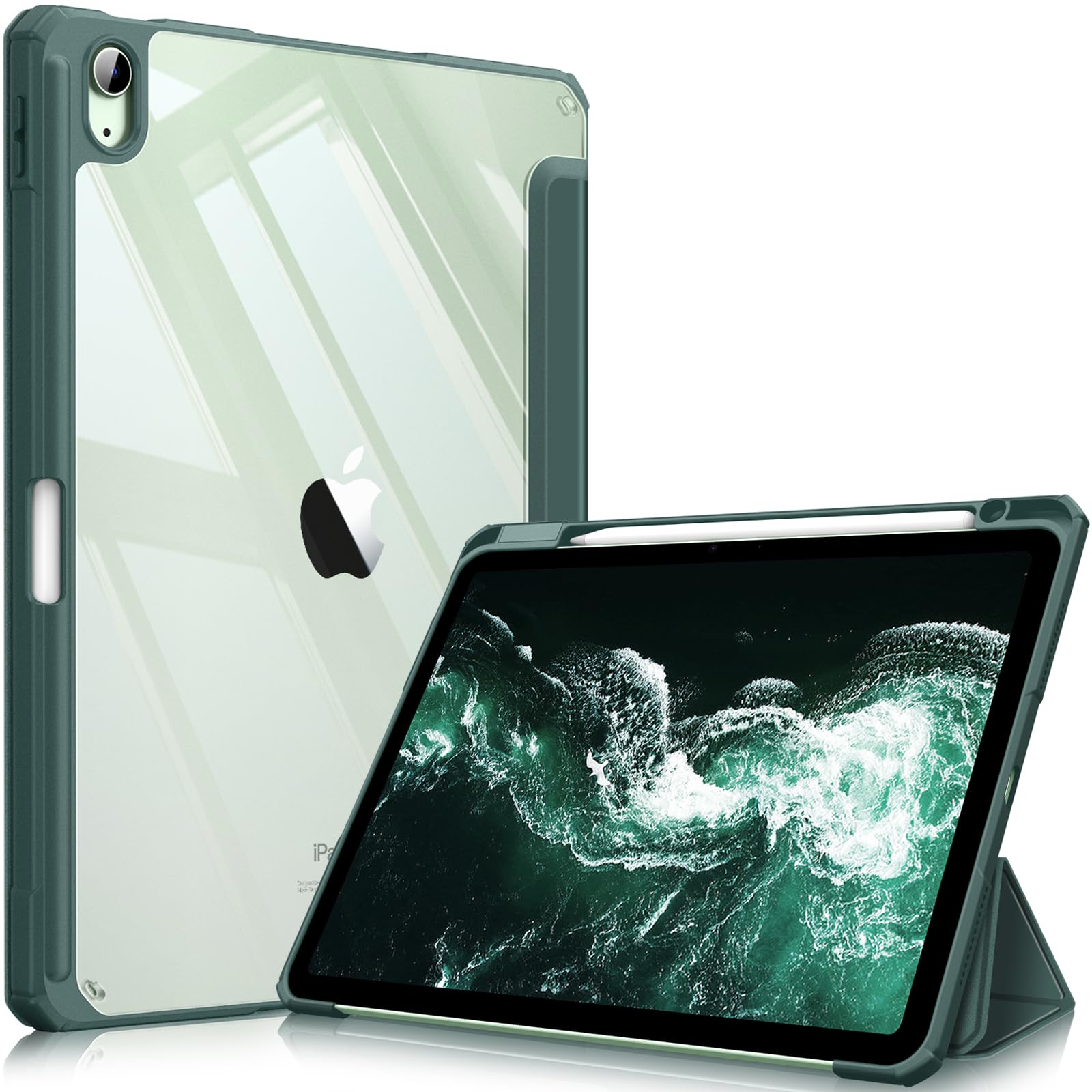 FINTIE Hybrid Case Compatible with iPad Air 5th Generation (2022) / iPad Air 4th Generation (2020) 10.9 inch - Slim Clear Back Cover with Pencil Holder, Auto Wake/Sleep, Midnight Green
