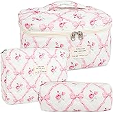 Anfly Makeup Bag, Quilted Cosmetic Bags, Large Floral Make Up Bag for Women, Cute Cotton Makeup Bag 3PC Set, Travel Toiletry Bag (Pink Bow)
