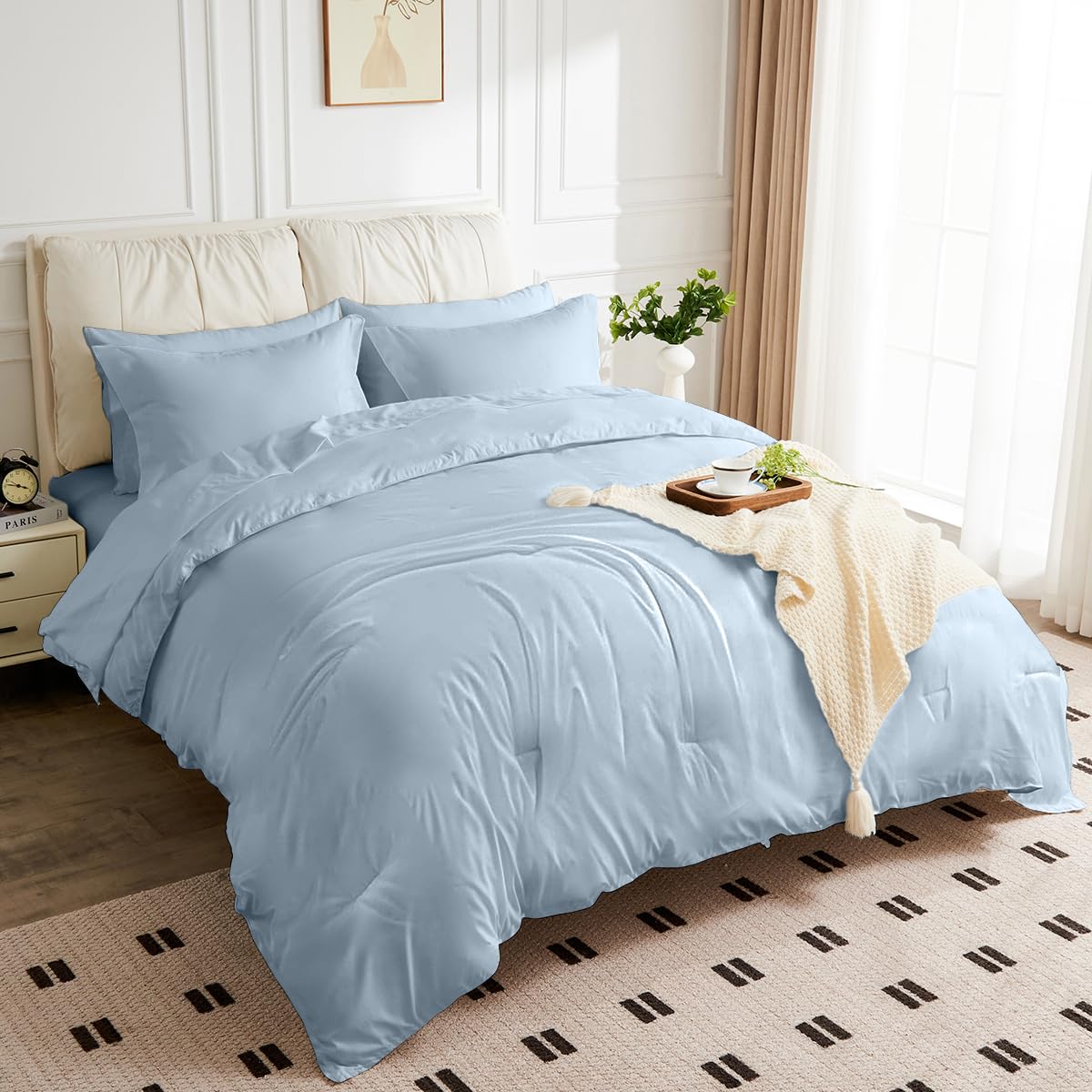 Photo 1 of JOKOLO King Size Comforter Set - 3 Pieces, 1 Reversible Lightweight Comforter and 2 Pillowcases,Soft Quilt Blanket Warm Fluffy Cooling Bedding for All Season,Light Blue