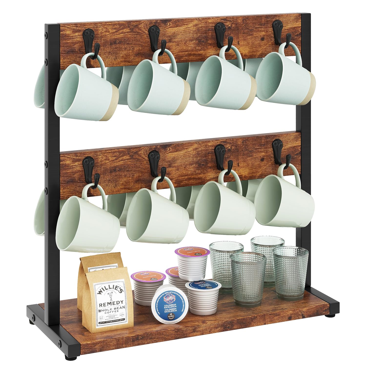 IBUYKE Wood Coffee Mug Holder for Countertop,16 Hook Mug Tree Holder Rack with Storage Base,Mug Display Organizer,Mug Holders for Home Kitchen, Rustic Brown TBJ001H